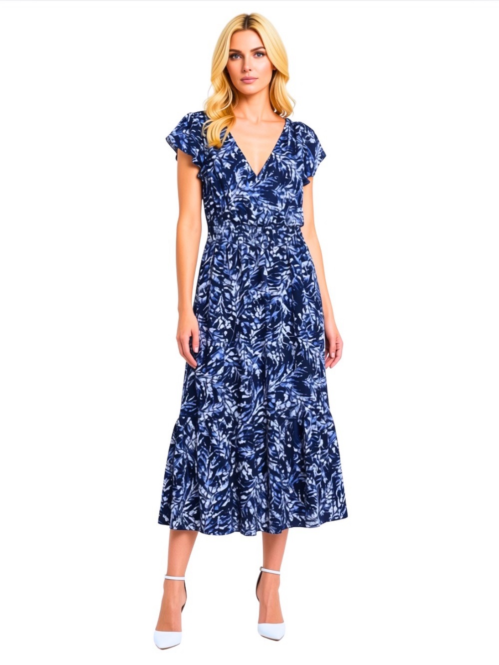 Tahari ASL Blue Printed V-Neck Tiered Midi Dress